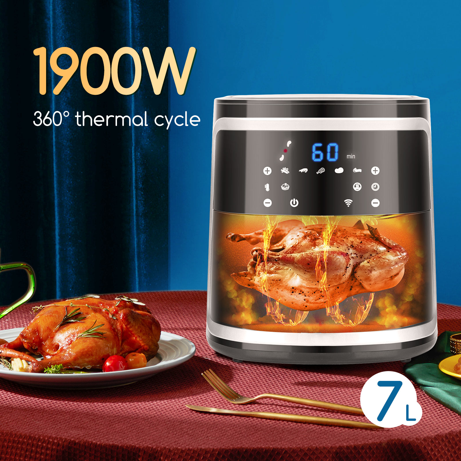 Aigostar 7L Stainless Steel Digital Smart WiFi App-Controlled Air Fryer Dual Basket Touch LED 7 Presets Nonstick Household