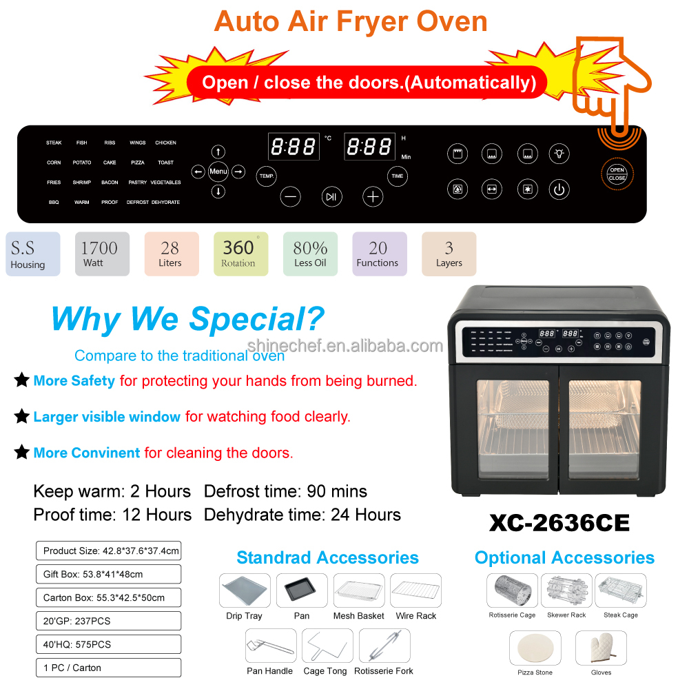 Multi-function Digital Air Fryer Oven 28L 1700W Stainless Steel Electric Automatic Shut-Off French/German Household Hotel Use