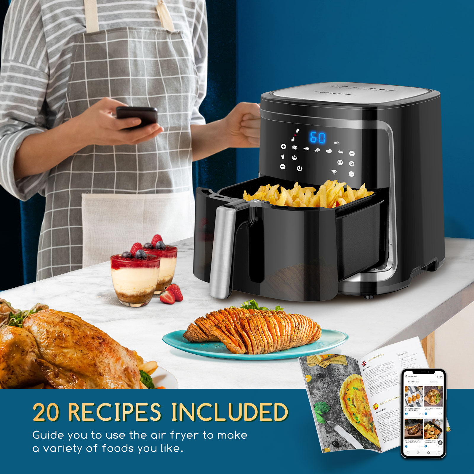 Aigostar 7L Stainless Steel Digital Smart WiFi App-Controlled Air Fryer Dual Basket Touch LED 7 Presets Nonstick Household