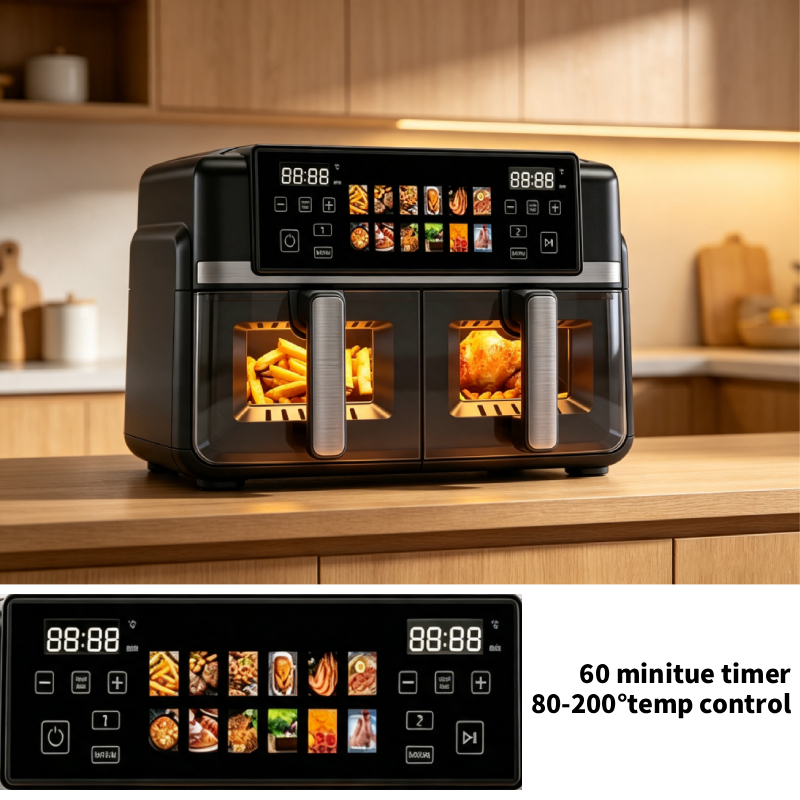 Household Hotel PTFE 5L-10L Double Basket Stainless Steel Touch Screen Dual Air Fryer with 60 Min Timer Overheat Protection