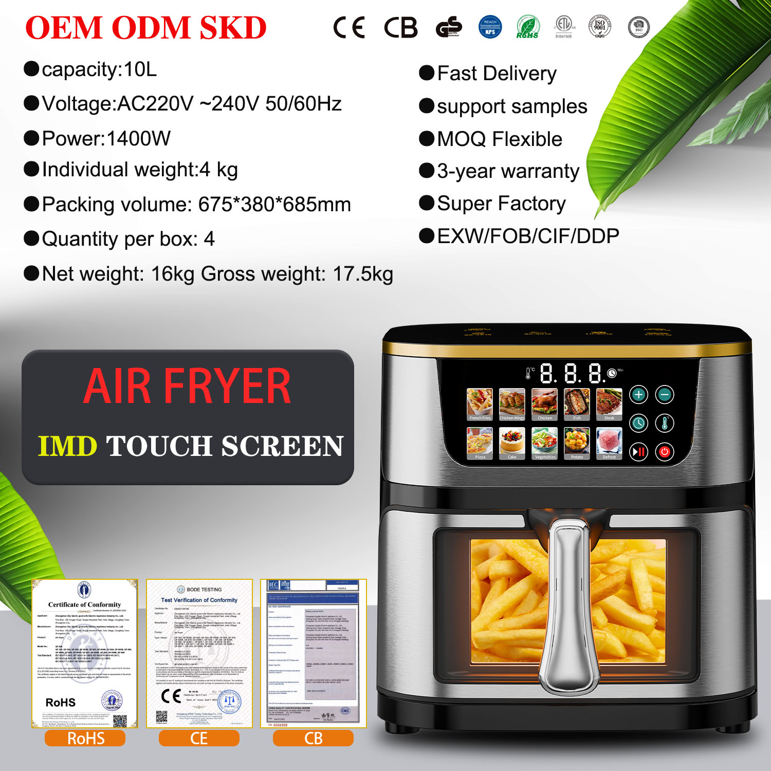 10L Classic Square Oil-Free Electric New Style 10-in-1 LCD Touch Screen Stainless Steel Air Fryer for Household Healthy Cooking