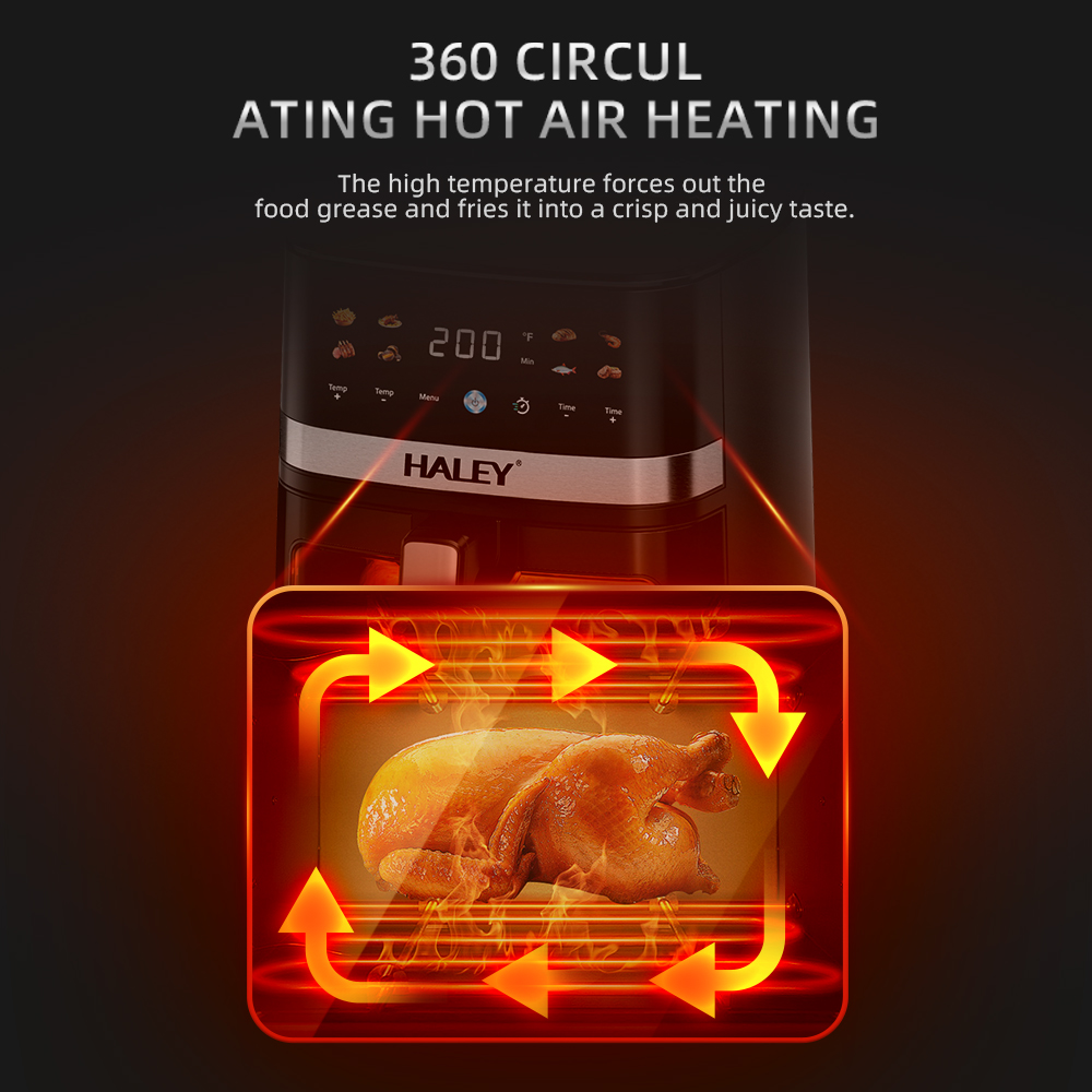 HALEY 5L Square Modern Digital Air Fryer 1500W LCD Touch Screen Oil-Free Electric Fryer Machine Non-Stick Basket Household Hotel