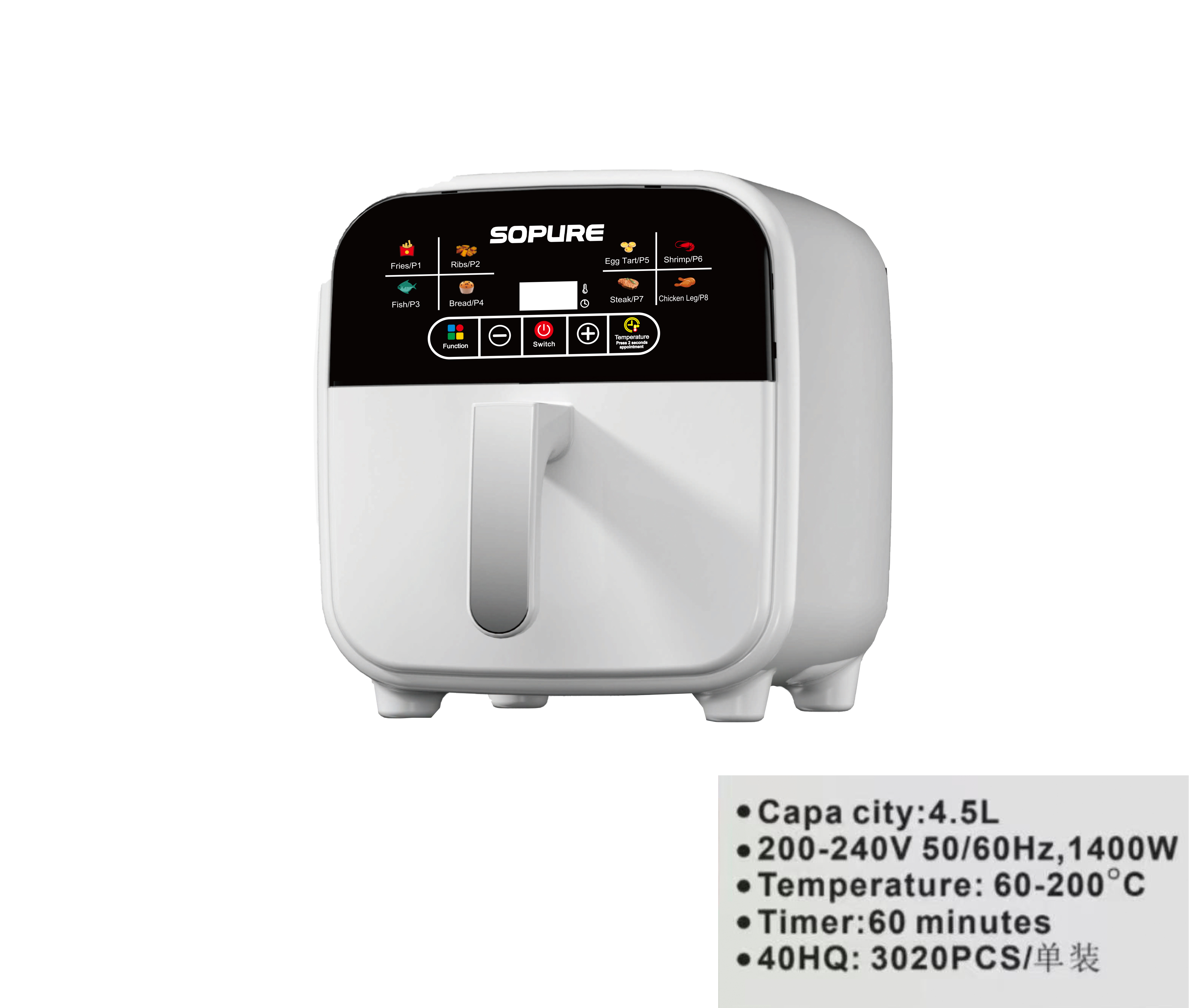 SOPURE Digital Air Fryer 6.0L Detachable Handle Multifunctional Electric with Intelligent Timing for Hotel &amp; Household Use