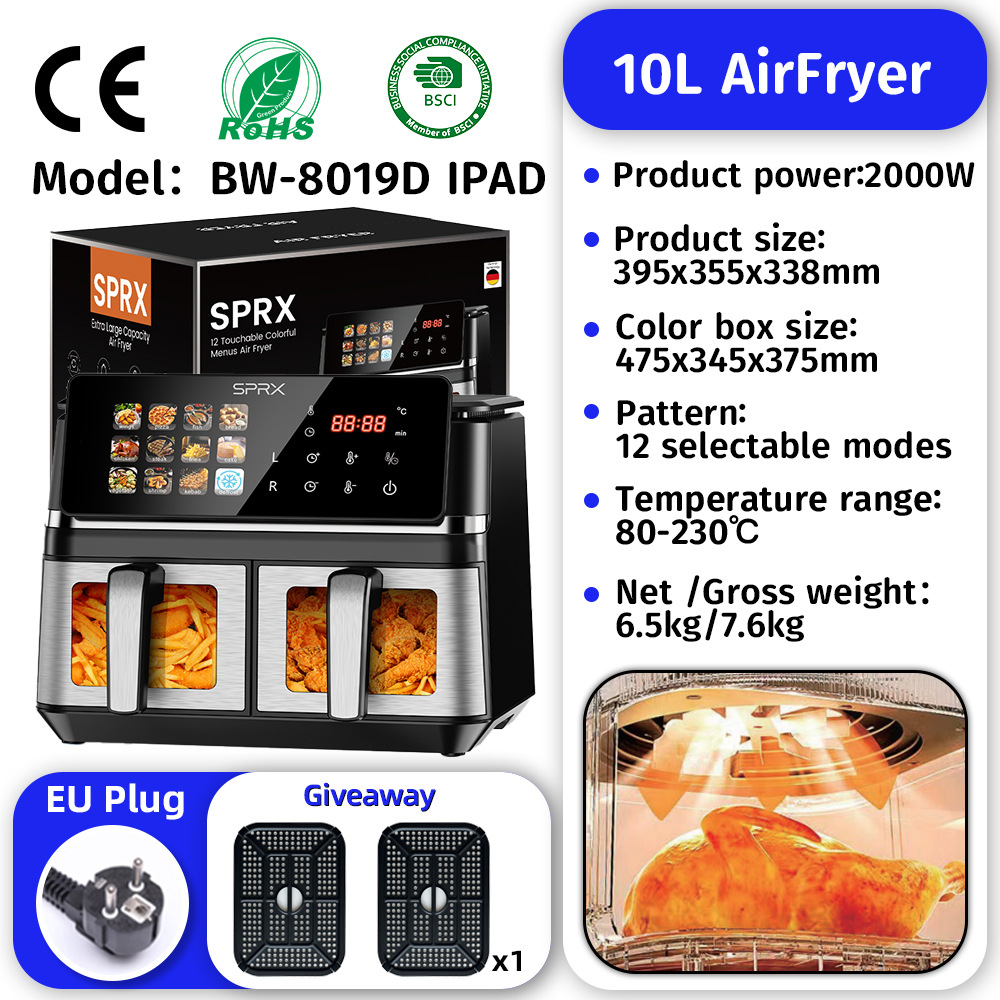 Commercial Digital Large-Capacity Touchscreen Display Stainless Steel Double Basket Smart Electric Square air Fryer Oven Home