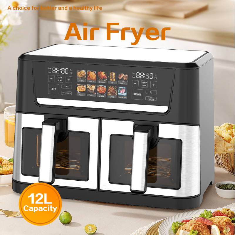 New 12L Dual Zone Smart Air Fryer Stainless Steel Inner 2 Pot 2 Double Zones Square Kitchen Appliances for Household Use Visible