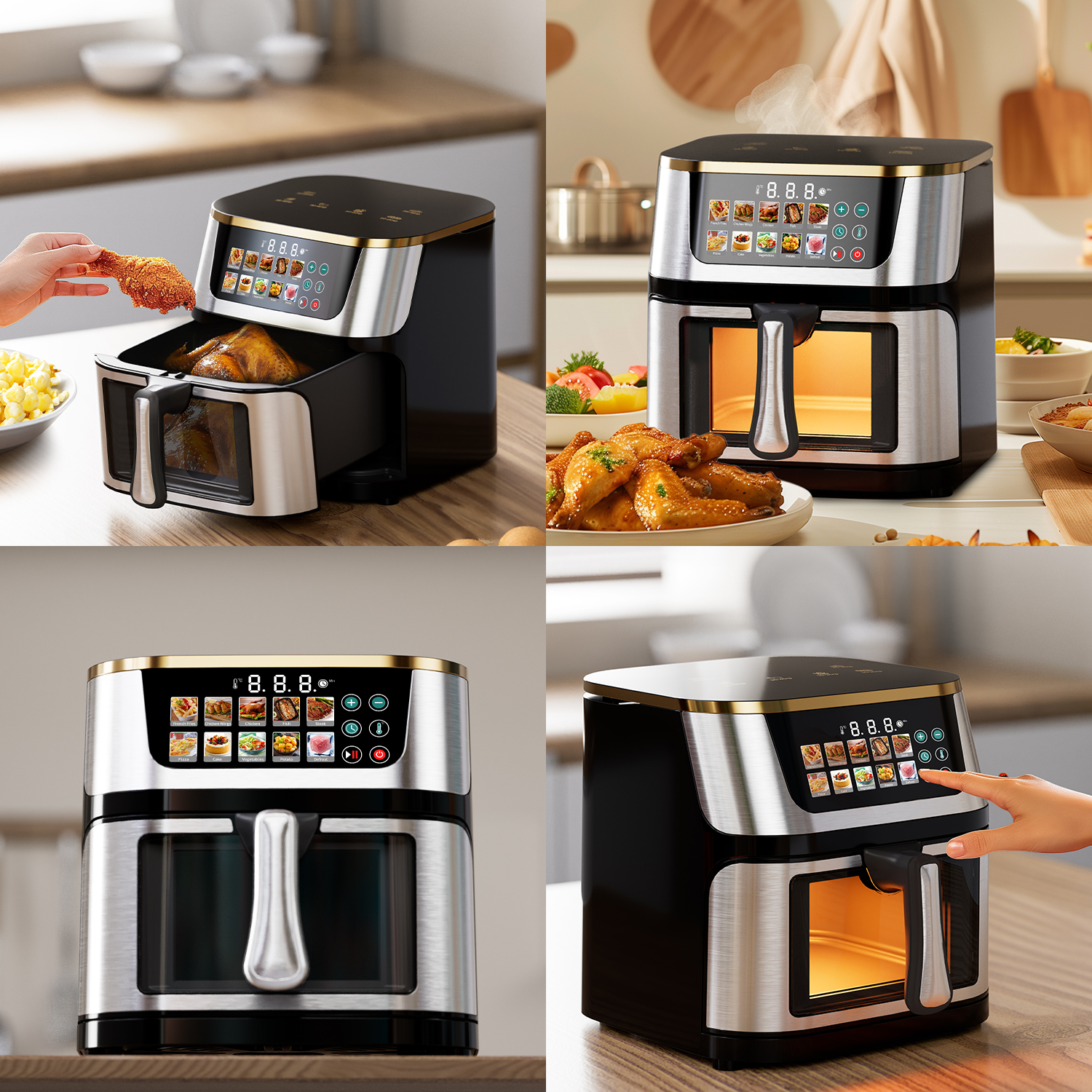 10L Classic Square Oil-Free Electric New Style 10-in-1 LCD Touch Screen Stainless Steel Air Fryer for Household Healthy Cooking