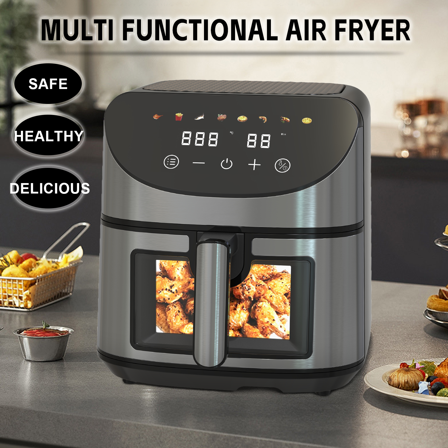 1700W Smart Air Fryer With 8L Large Digital LCD Touch Screen Clear Visual Cooking Window Nonstick Coating