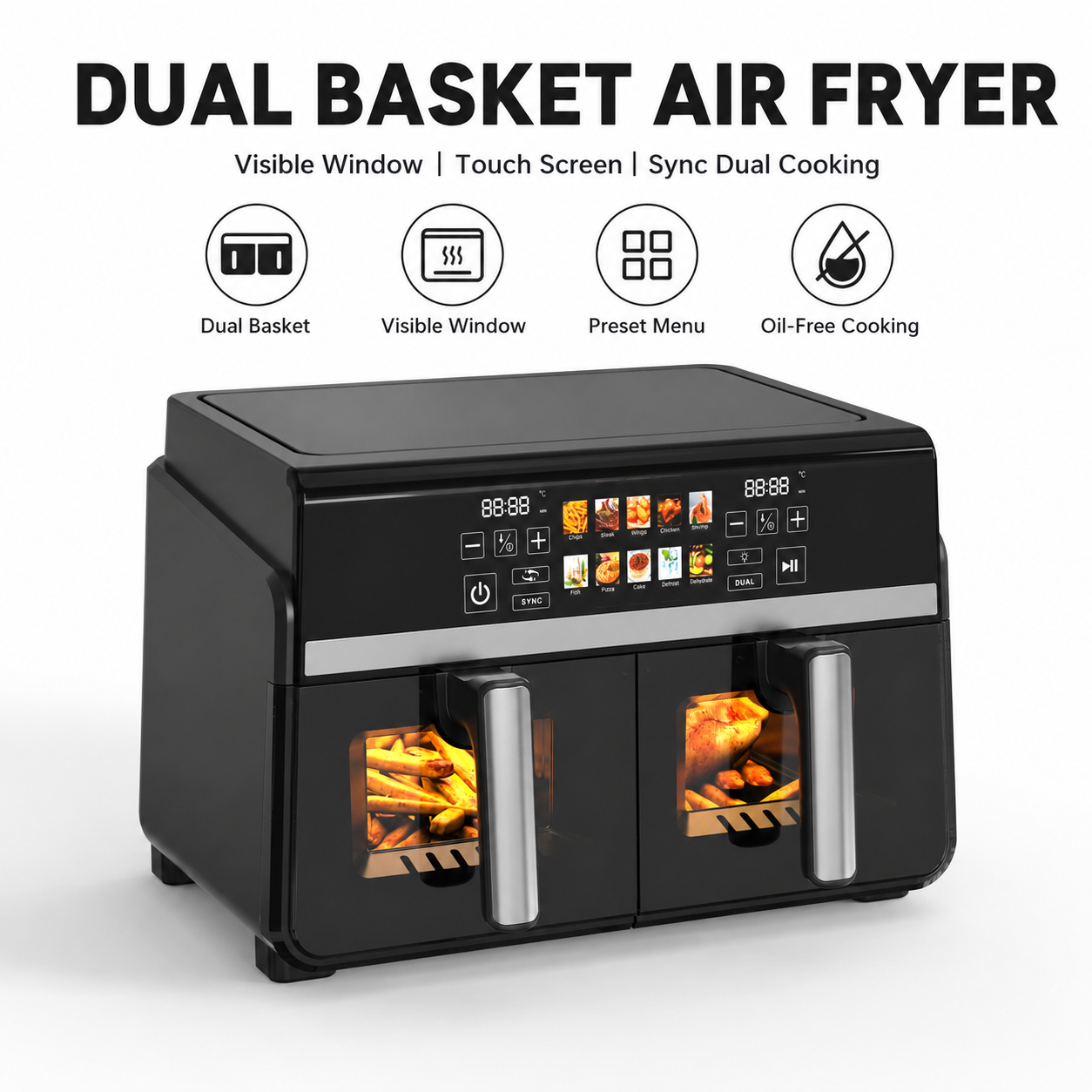 Dual Basket Air Fryer With Visible Window Touch Screen Preset Menu Sync Dual Cooking Function Healthy Oil Free Kitchen Cooking