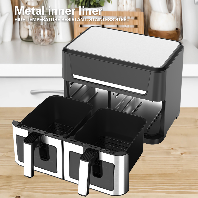 New 12L Dual Zone Smart Air Fryer Stainless Steel Inner 2 Pot 2 Double Zones Square Kitchen Appliances for Household Use Visible