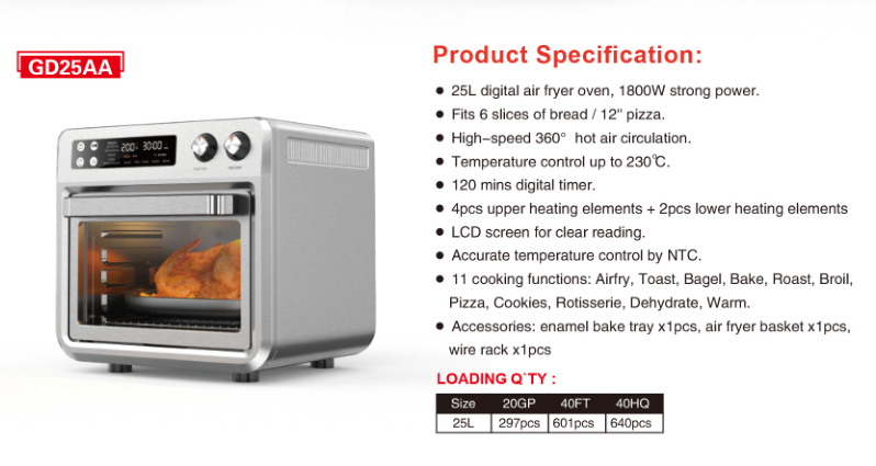 New Design Mechanical Control 25L 1000W Healthy Air Oven Fryer Electric Multifunctional Air Fryer Oven
