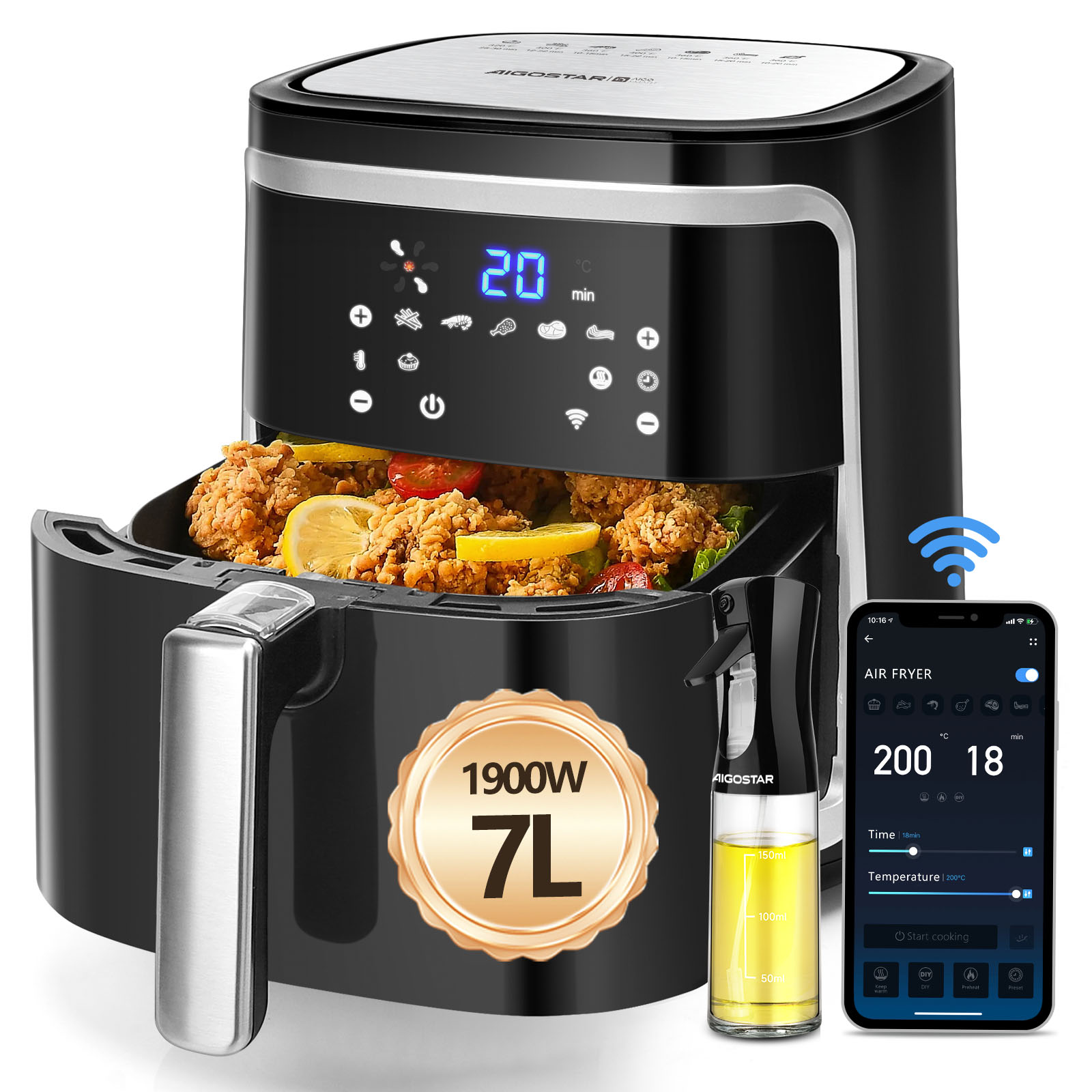Aigostar 7L Stainless Steel Digital Smart WiFi App-Controlled Air Fryer Dual Basket Touch LED 7 Presets Nonstick Household