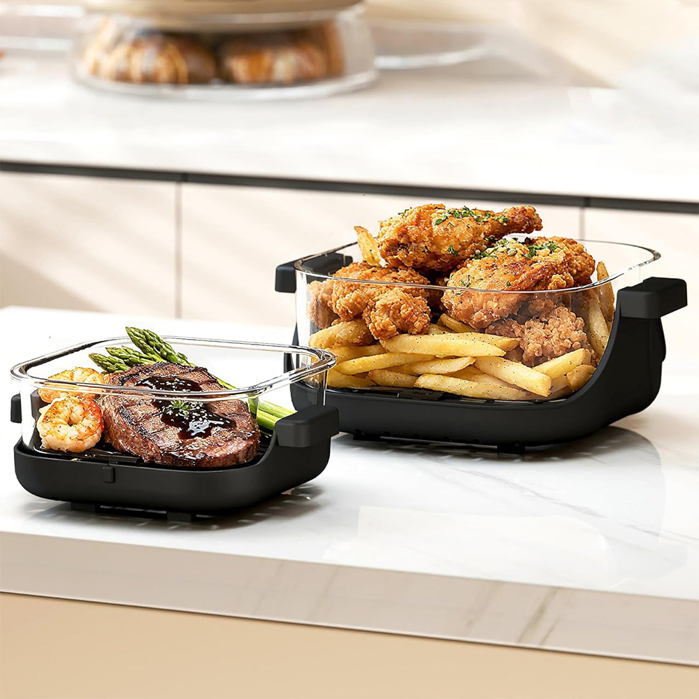 Modern 4-in-1 Double Basket Electric Glass Air Fryer with Led Display 4.2QT 1.6QT Capacity Baking Multi-Function Compact Design