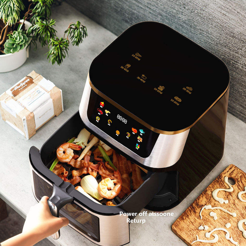 Stainless Steel Visual Air Fryer 1400w Smart Digital Touch Screen Oil-Free 8 Cooking Presets Timing Temperature Adjustable