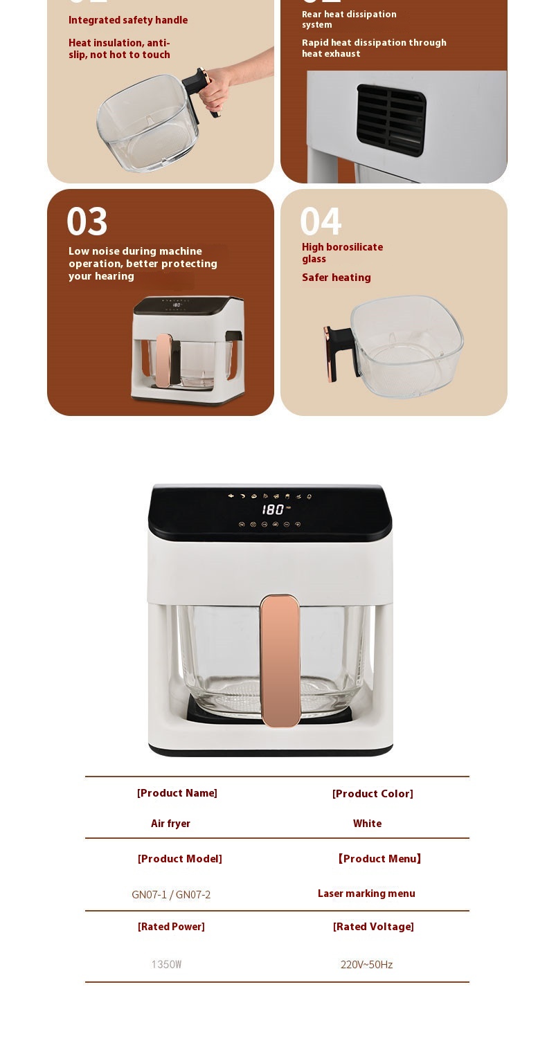 Modern Square Air Fryer 8L Large Capacity Glass Viewing Window Fully Automatic Multi-Functional Household Hotel Use Touch 1 Year