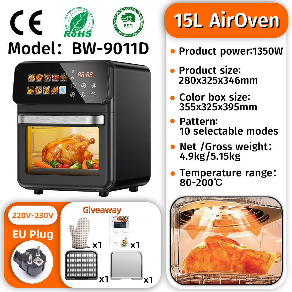 US In-stock Digital Touchscreen Smart Electric Square Air Fryer Oven Large Capacity 10L Stainless Steel Electric Fryer for Home