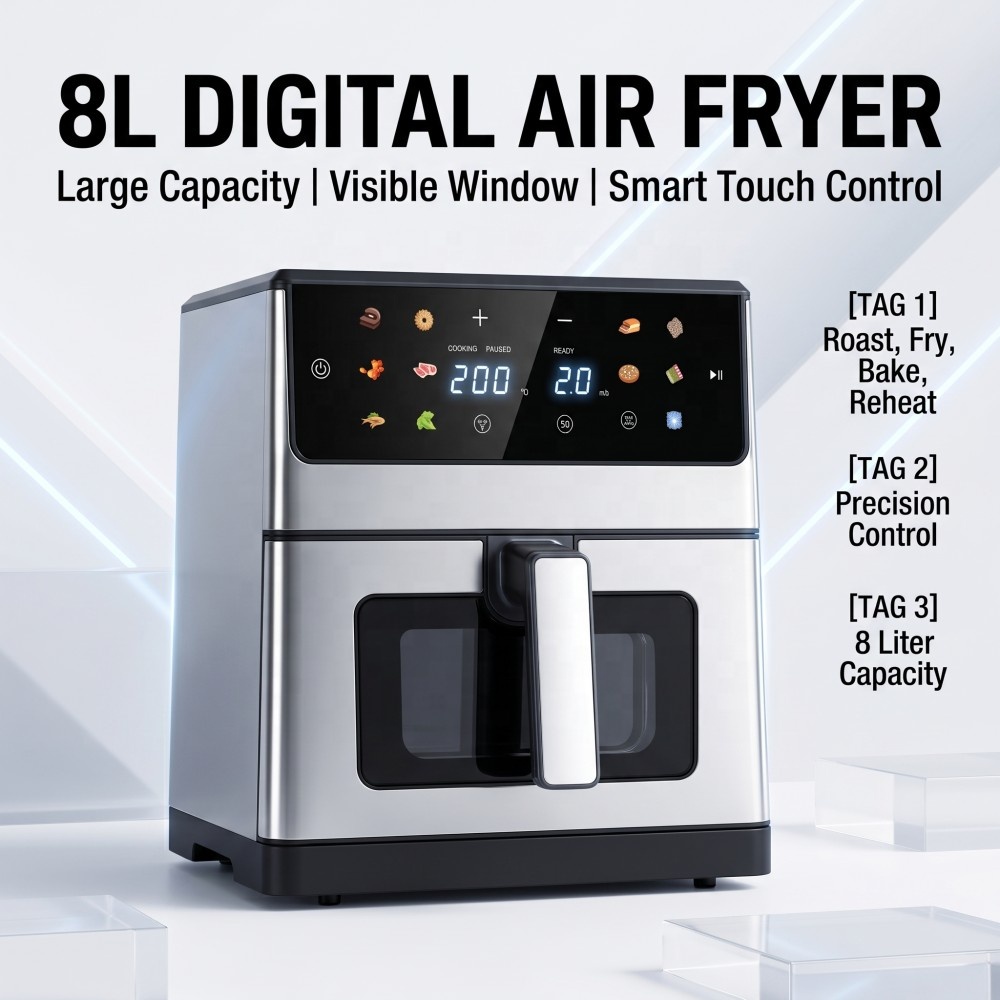 8L Oil-Free Air Fryer Cooker Electric Digital Touch Screen Control Visible Window 12 Menus CE CB GS Household Plastic 1800W A+++