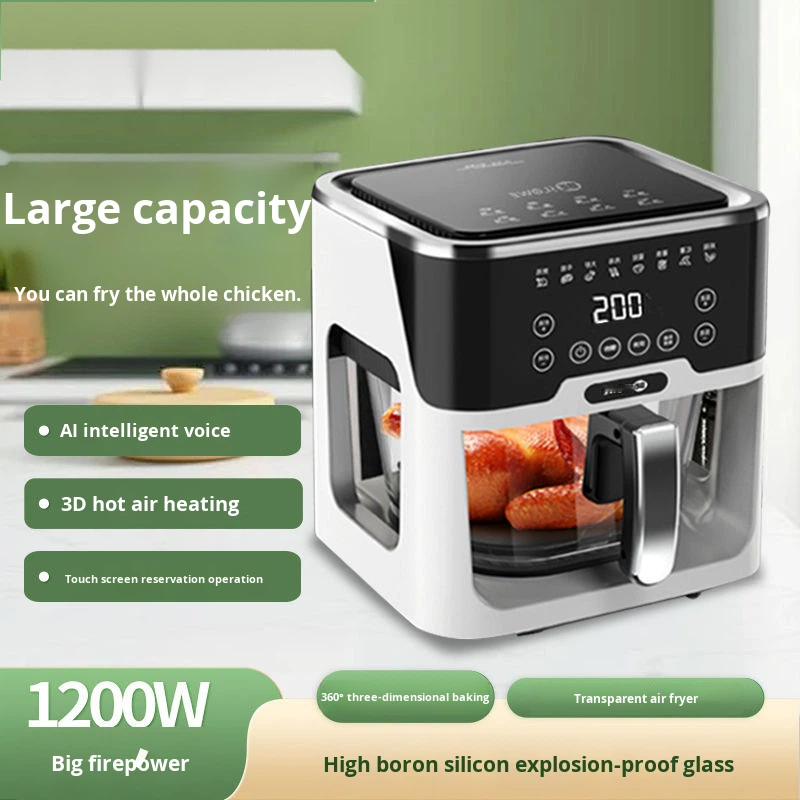 Air Fryer Square Glass 360 Panoramic Visibility 5L-6L Capacity Voice Touch Screen Multi-Functional Modern Household Electric