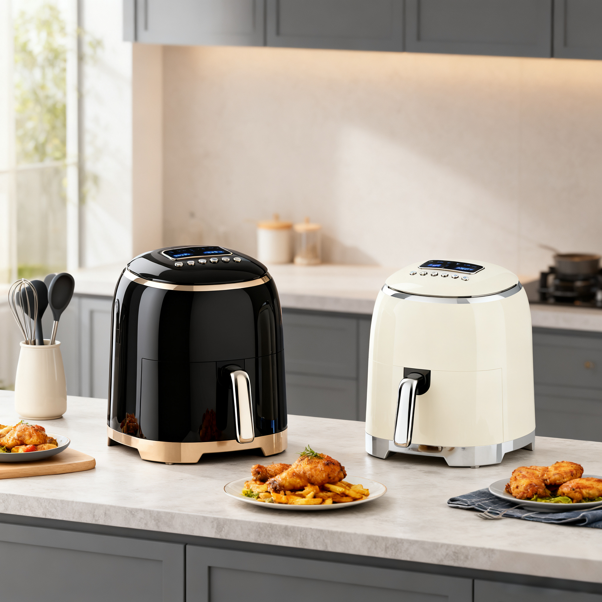 2026 New Eye-Catching Cream Round Digital Air Fryer Healthy Oil-Less Cooking Compact Kitchen Appliance with Sleek Home Design