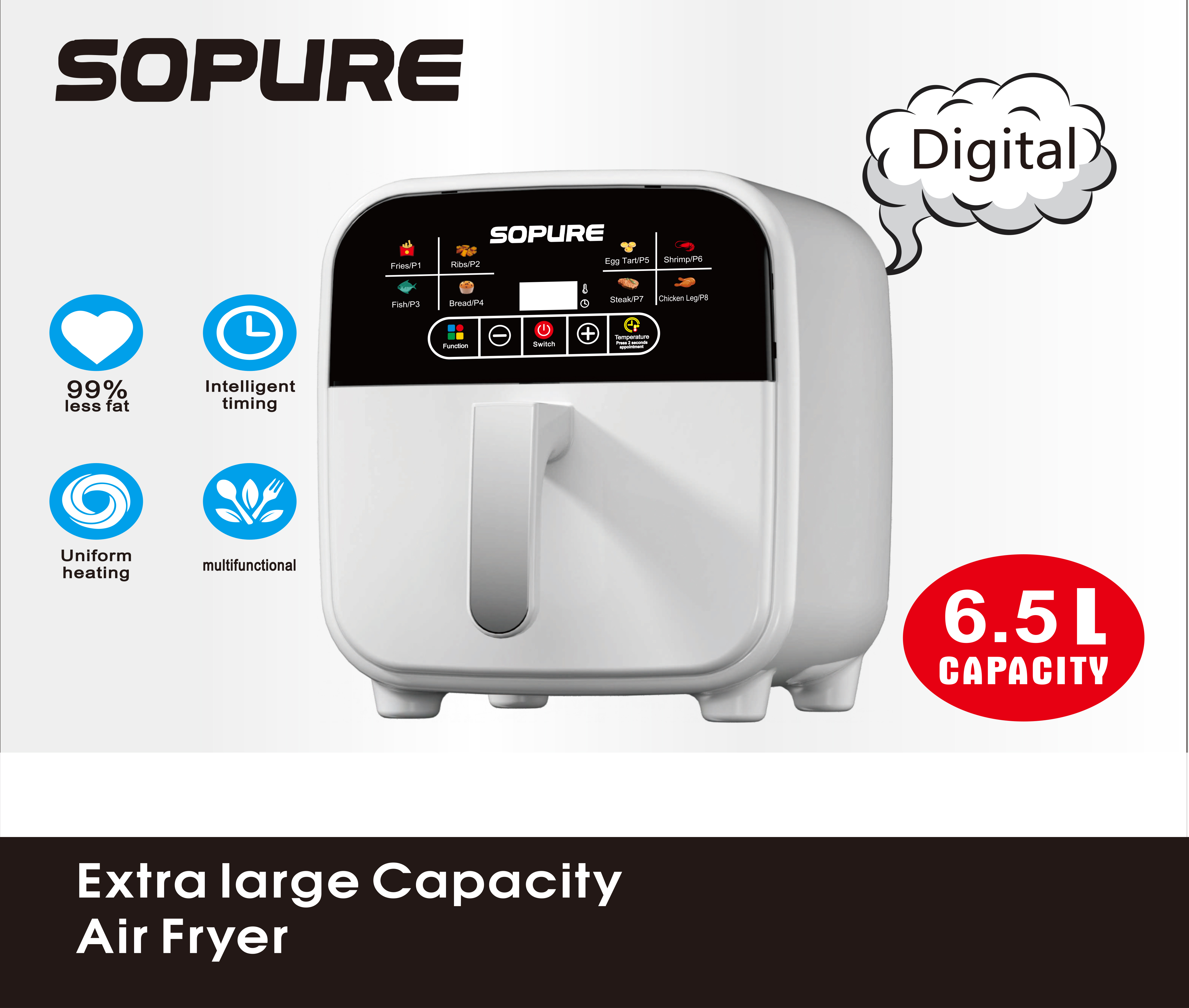 SOPURE Digital Air Fryer 6.0L Detachable Handle Multifunctional Electric with Intelligent Timing for Hotel &amp; Household Use