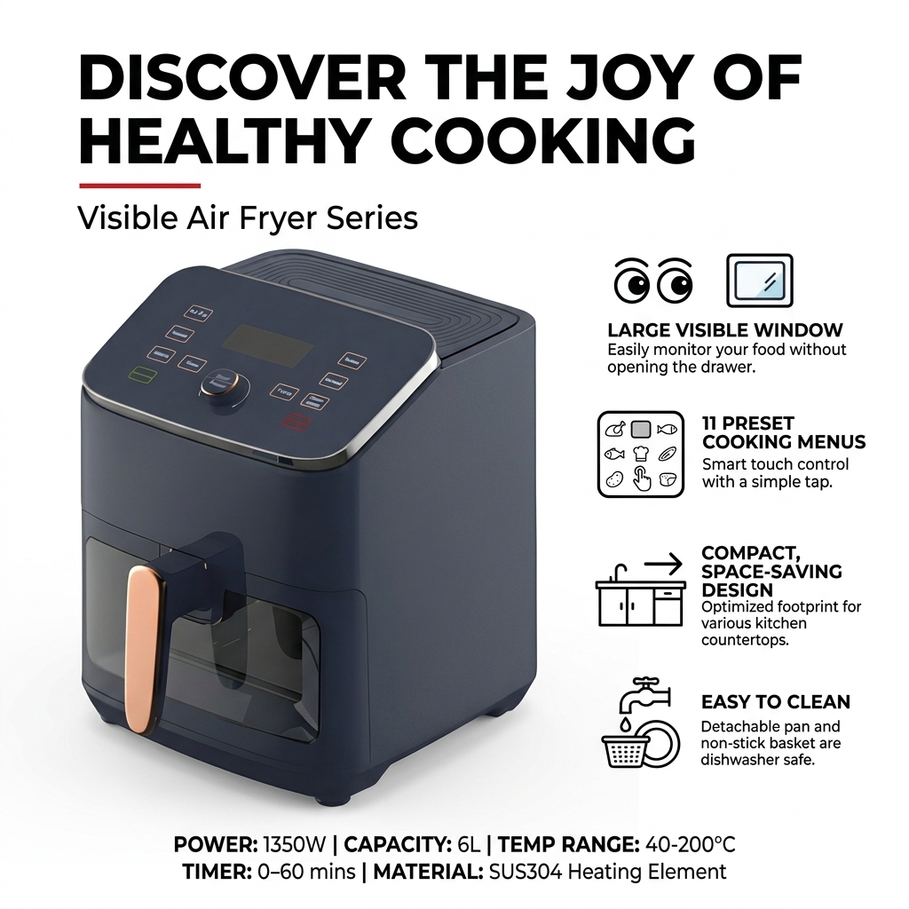6L Wifi Smart Air Fryer Digital Visible Window 11 Pre-set Oil Free Healthy Electric Cooker for Kitchen
