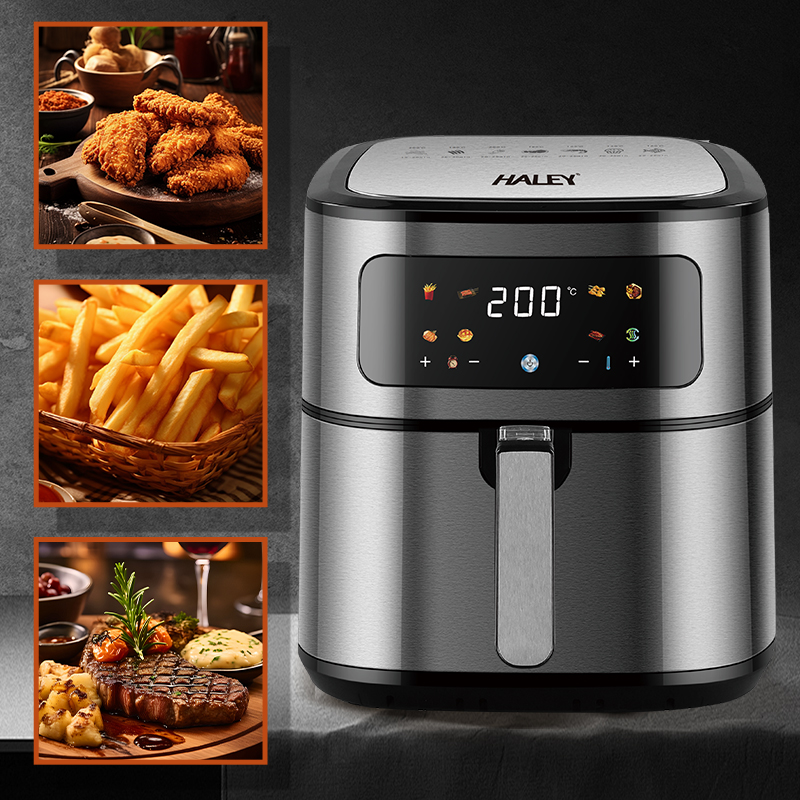 HALEY Large Air Fryer 2000W Titanium Gray Stainless Steel Visible Window LED Touch Screen 8 Presets No Oil CE GS OEM ODM Custom