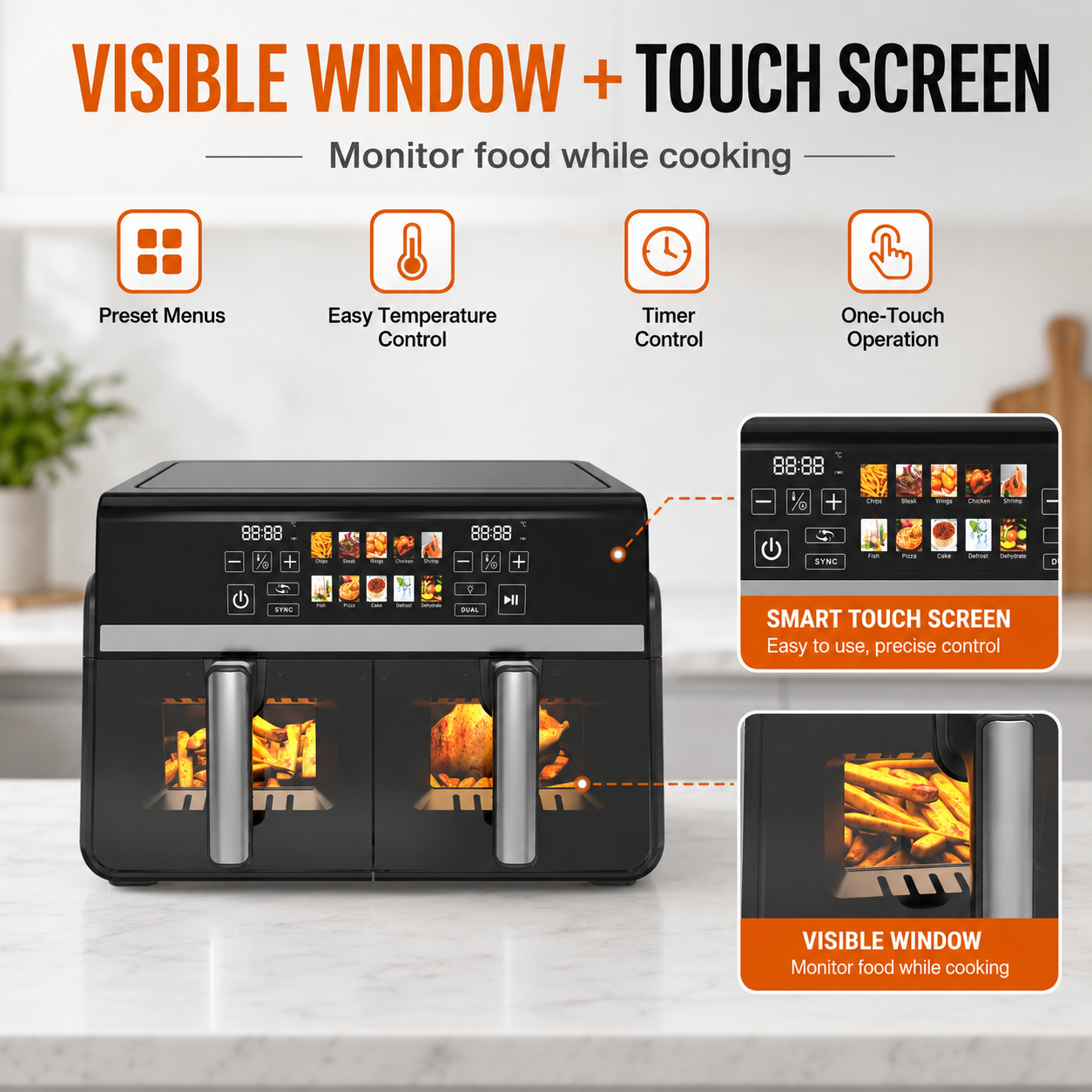Dual Basket Air Fryer With Visible Window Touch Screen Preset Menu Sync Dual Cooking Function Healthy Oil Free Kitchen Cooking