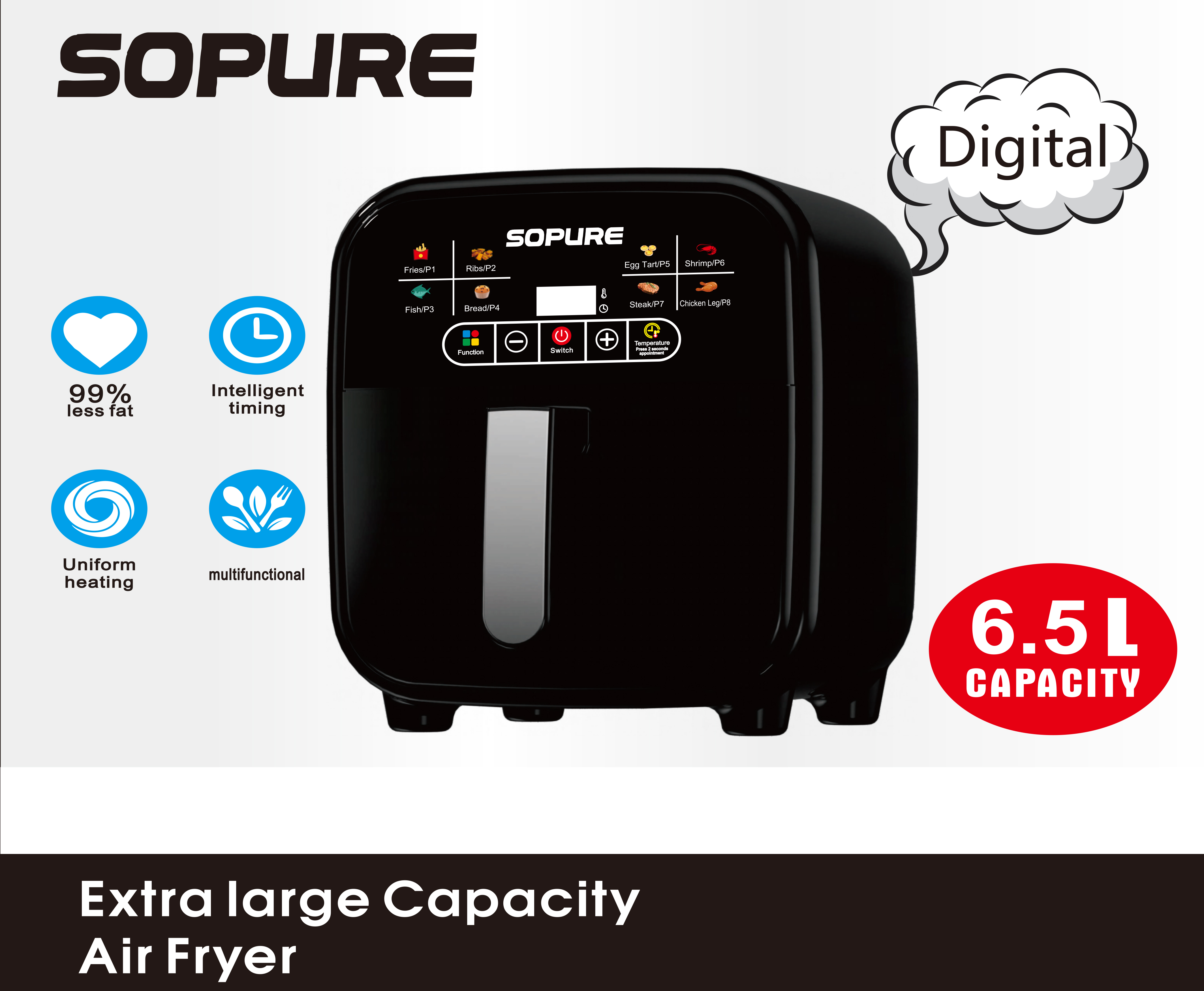 SOPURE Digital Air Fryer 6.0L Detachable Handle Multifunctional Electric with Intelligent Timing for Hotel &amp; Household Use