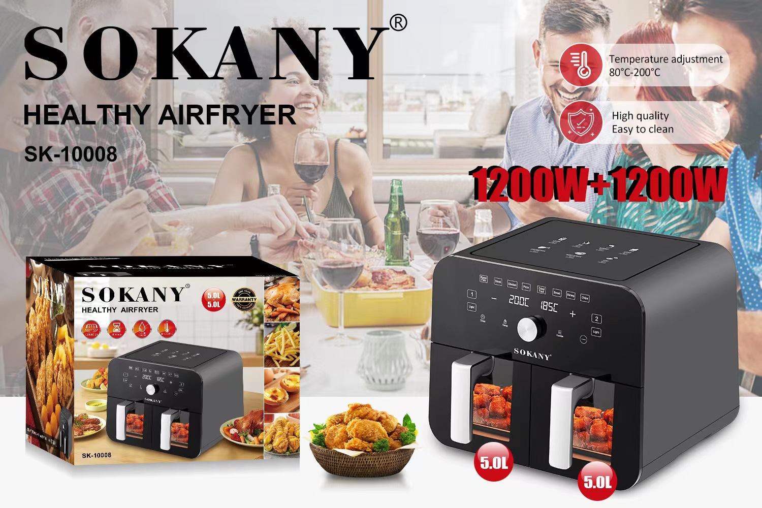 HOT Selling Family Size Dual Double Basket 10L 1200W Electric Deep Air Fryer With Two Cooking Zones 2 Basket Air Fryers
