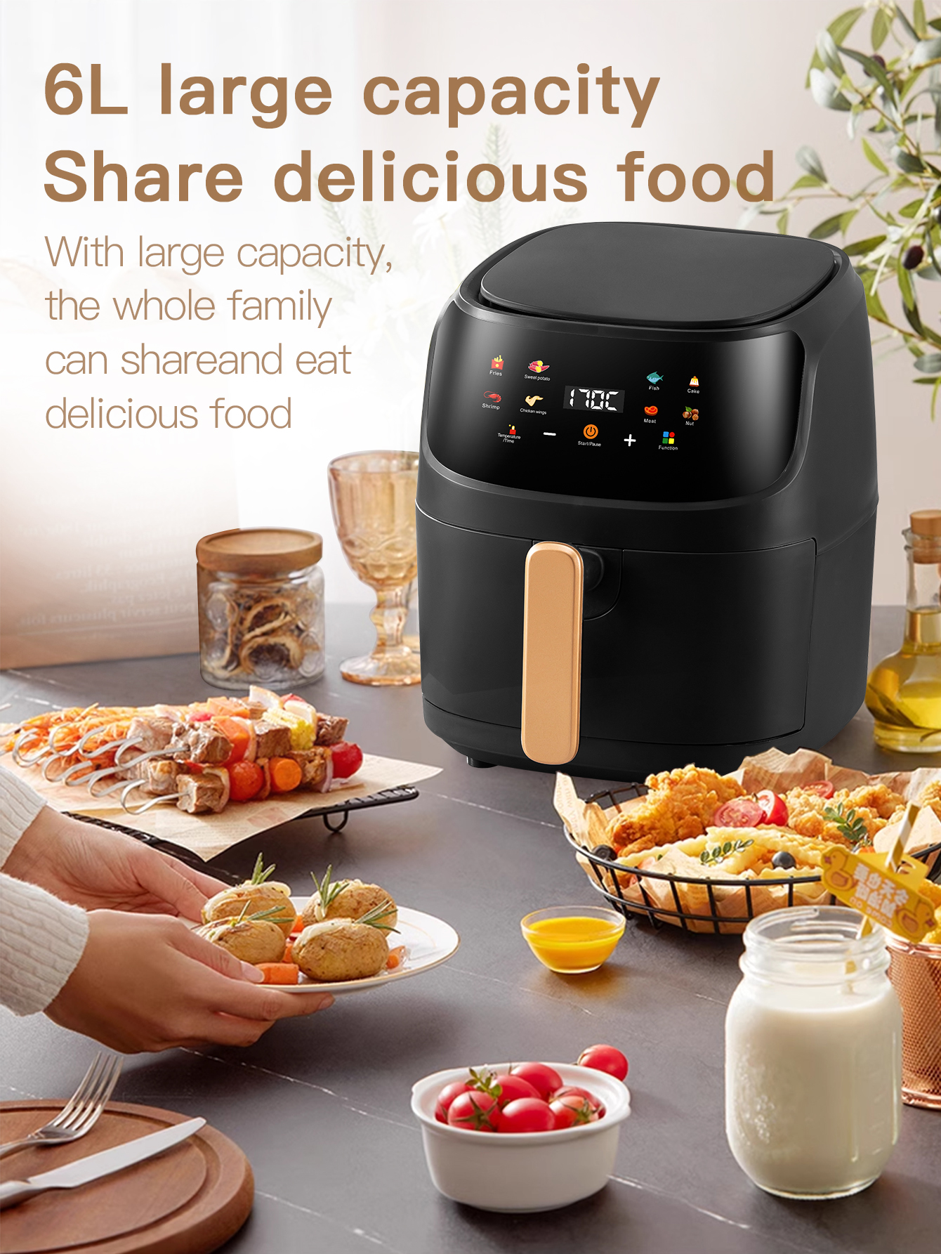 Square 8L Touch Screen Low Noise Smart Air Fryer Non-Stick Inner Tank Healthy Overheat Protection Digital Oven Household Hotel