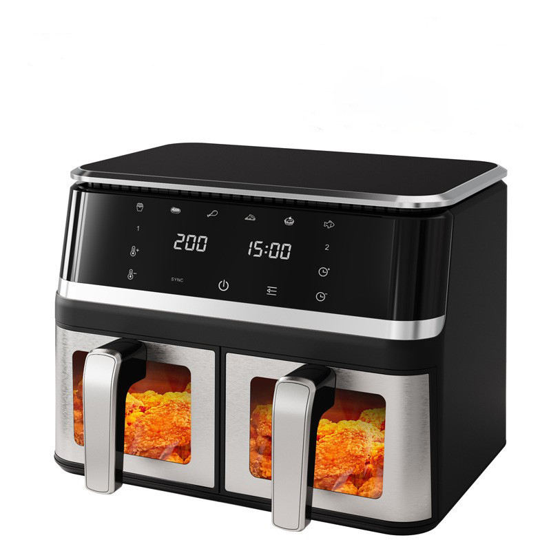 AF09 8-in-1 9-Quart Dual Basket Stainless Steel Visible Air Fryer with Digital LED Touch Screen 8 Presets Bake Roast Dehydrate