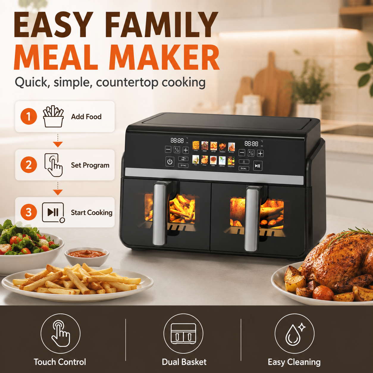 Dual Basket Air Fryer With Visible Window Touch Screen Preset Menu Sync Dual Cooking Function Healthy Oil Free Kitchen Cooking