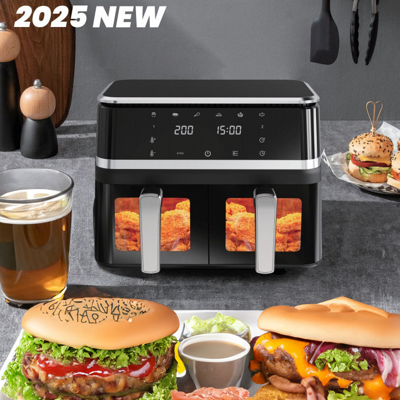 AF09 8-in-1 9-Quart Dual Basket Stainless Steel Visible Air Fryer with Digital LED Touch Screen 8 Presets Bake Roast Dehydrate