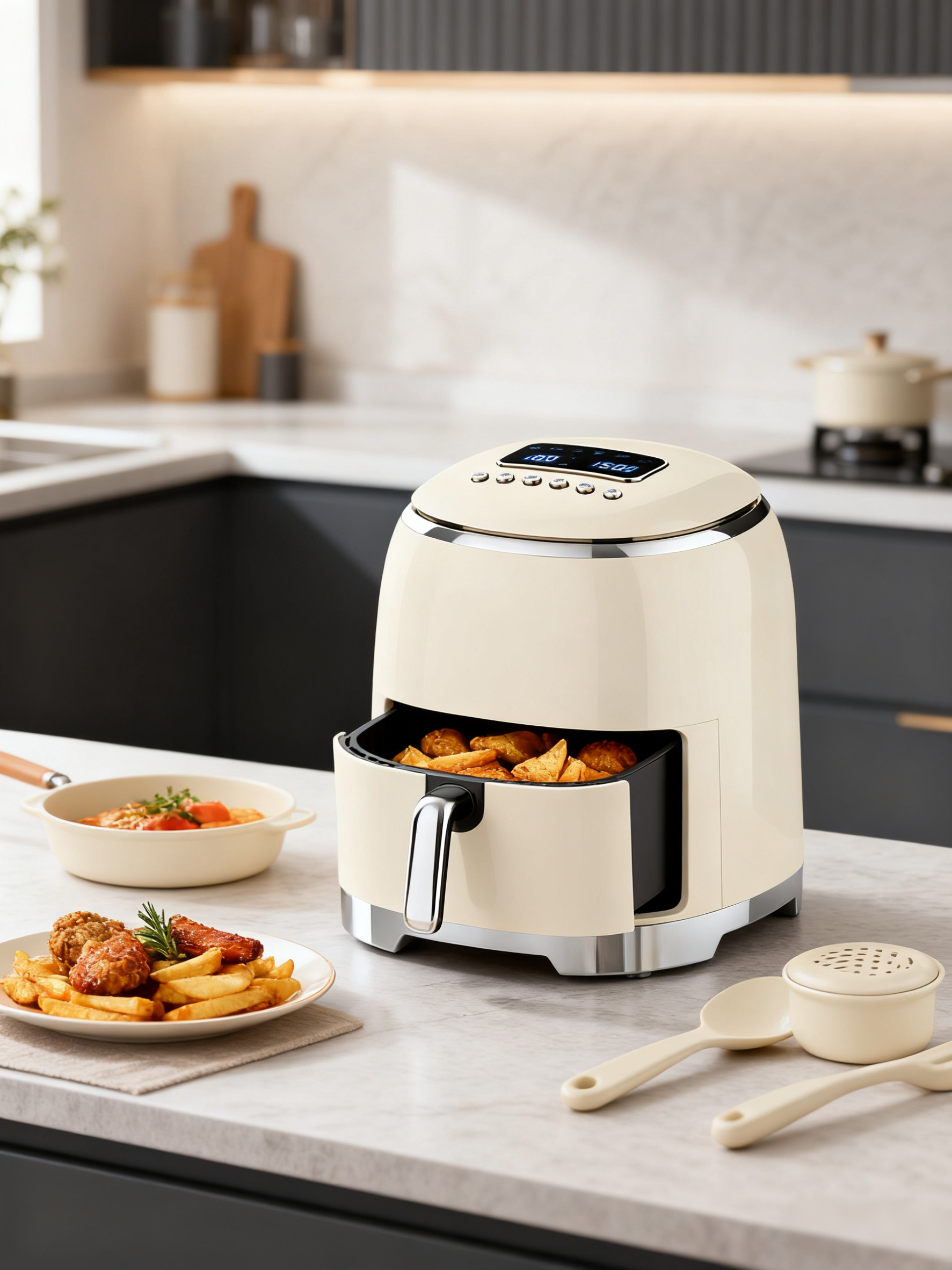 2026 New Eye-Catching Cream Round Digital Air Fryer Healthy Oil-Less Cooking Compact Kitchen Appliance with Sleek Home Design