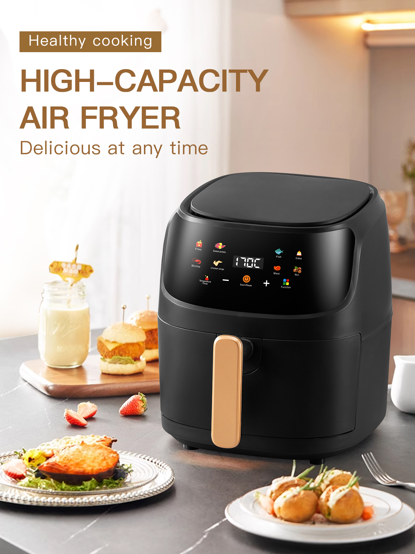 Square 8L Touch Screen Low Noise Smart Air Fryer Non-Stick Inner Tank Healthy Overheat Protection Digital Oven Household Hotel
