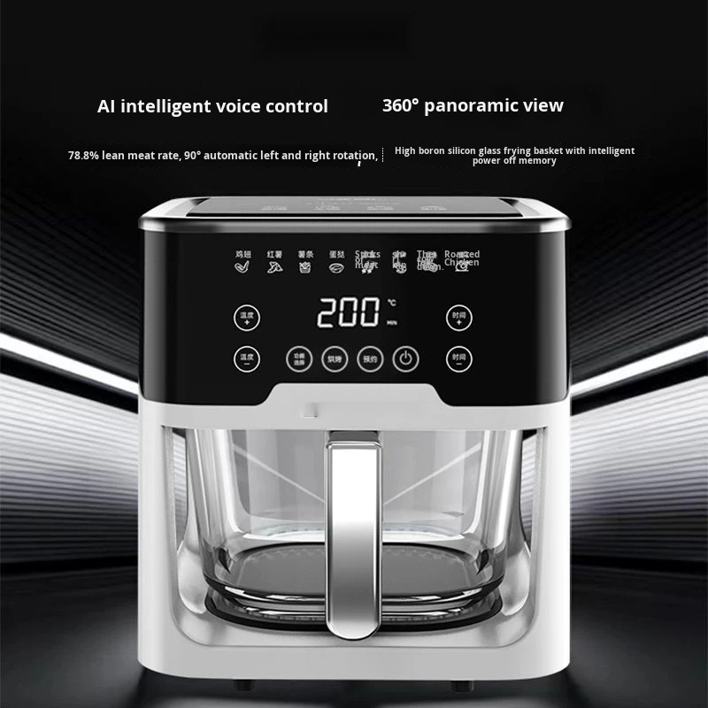 Air Fryer Square Glass 360 Panoramic Visibility 5L-6L Capacity Voice Touch Screen Multi-Functional Modern Household Electric