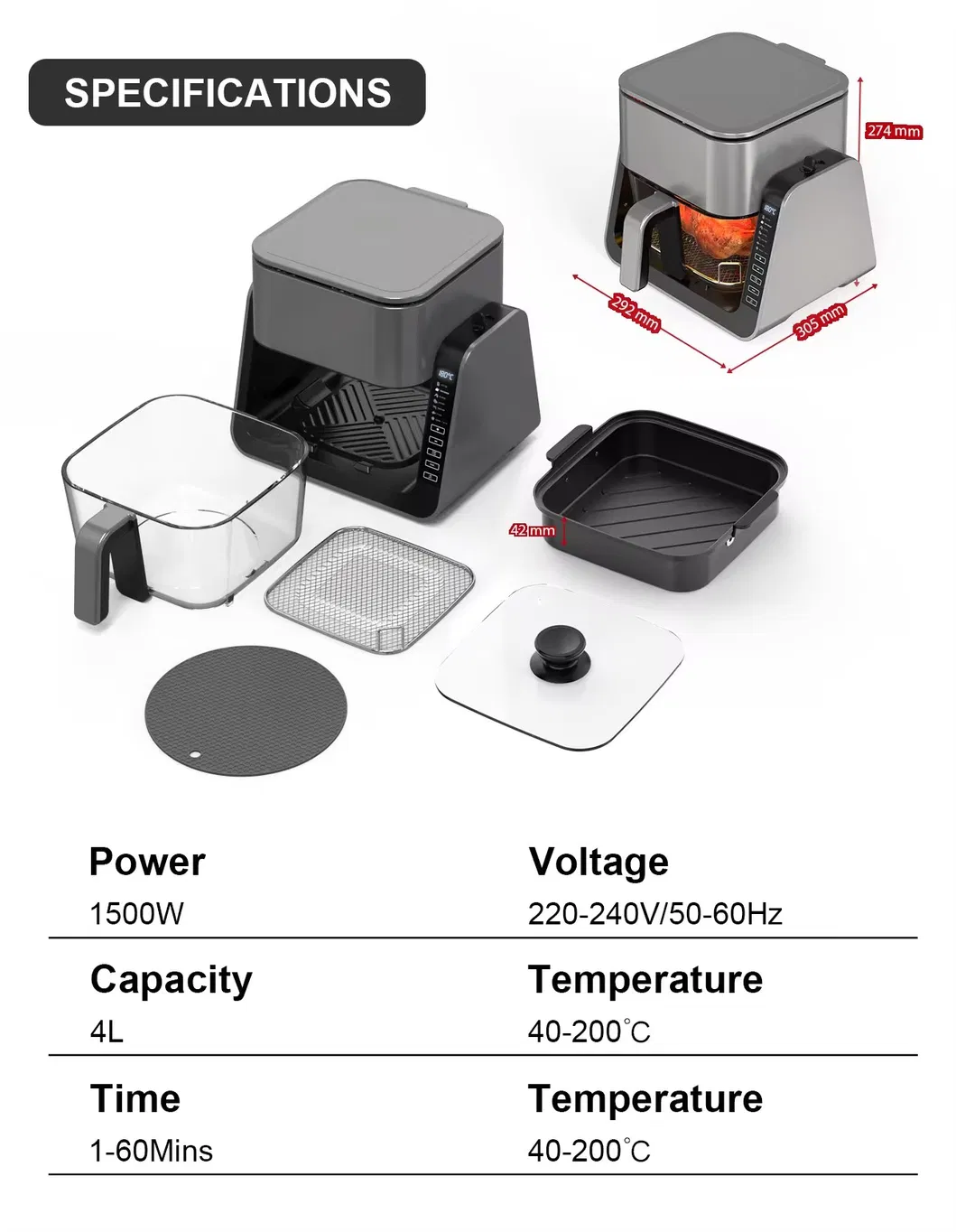 4L Glass Commercial Electric Air Fryer for Cooking