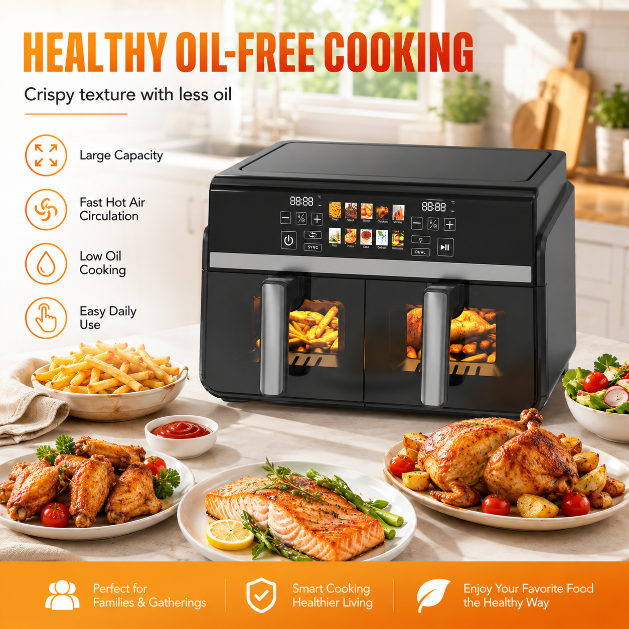 Dual Basket Air Fryer With Visible Window Touch Screen Preset Menu Sync Dual Cooking Function Healthy Oil Free Kitchen Cooking