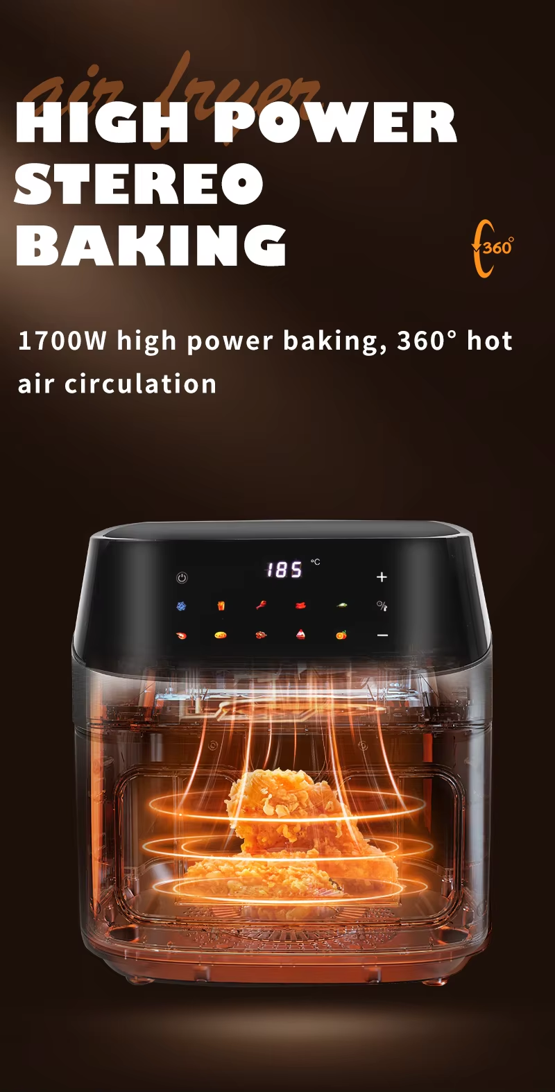 1700W Popular 8L 9L Stainless Steel Ultra Large Display Menu Digital Air Fryer Small Kitchen Appliances Smart Fryers for Family