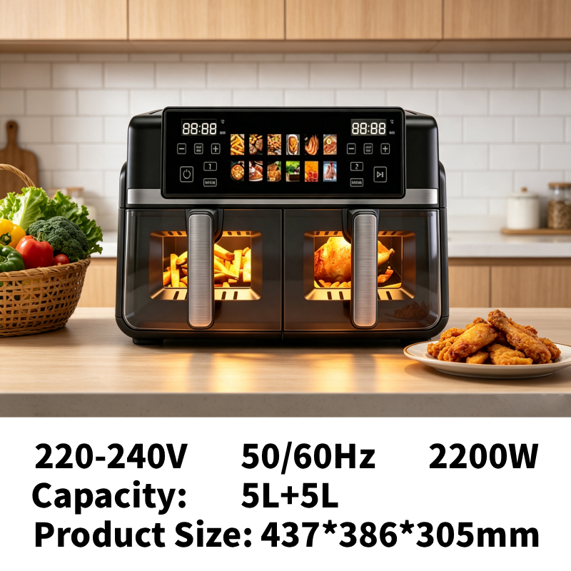 Household Hotel PTFE 5L-10L Double Basket Stainless Steel Touch Screen Dual Air Fryer with 60 Min Timer Overheat Protection