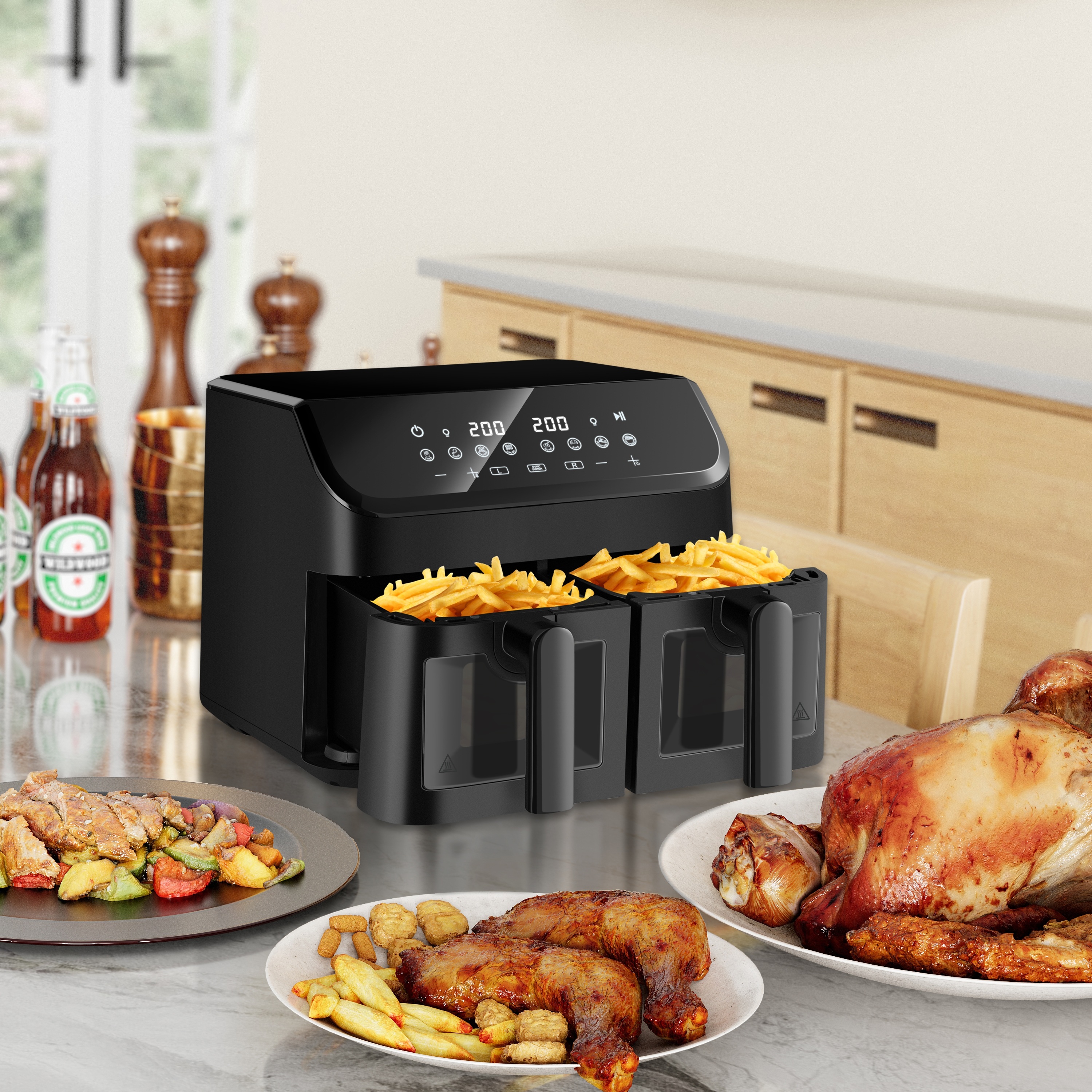 High Quality Oil-free Visual Window Fryer 4.5L*2 New Multifunctional Double air Fryer square Dual Air Fryer Oven
