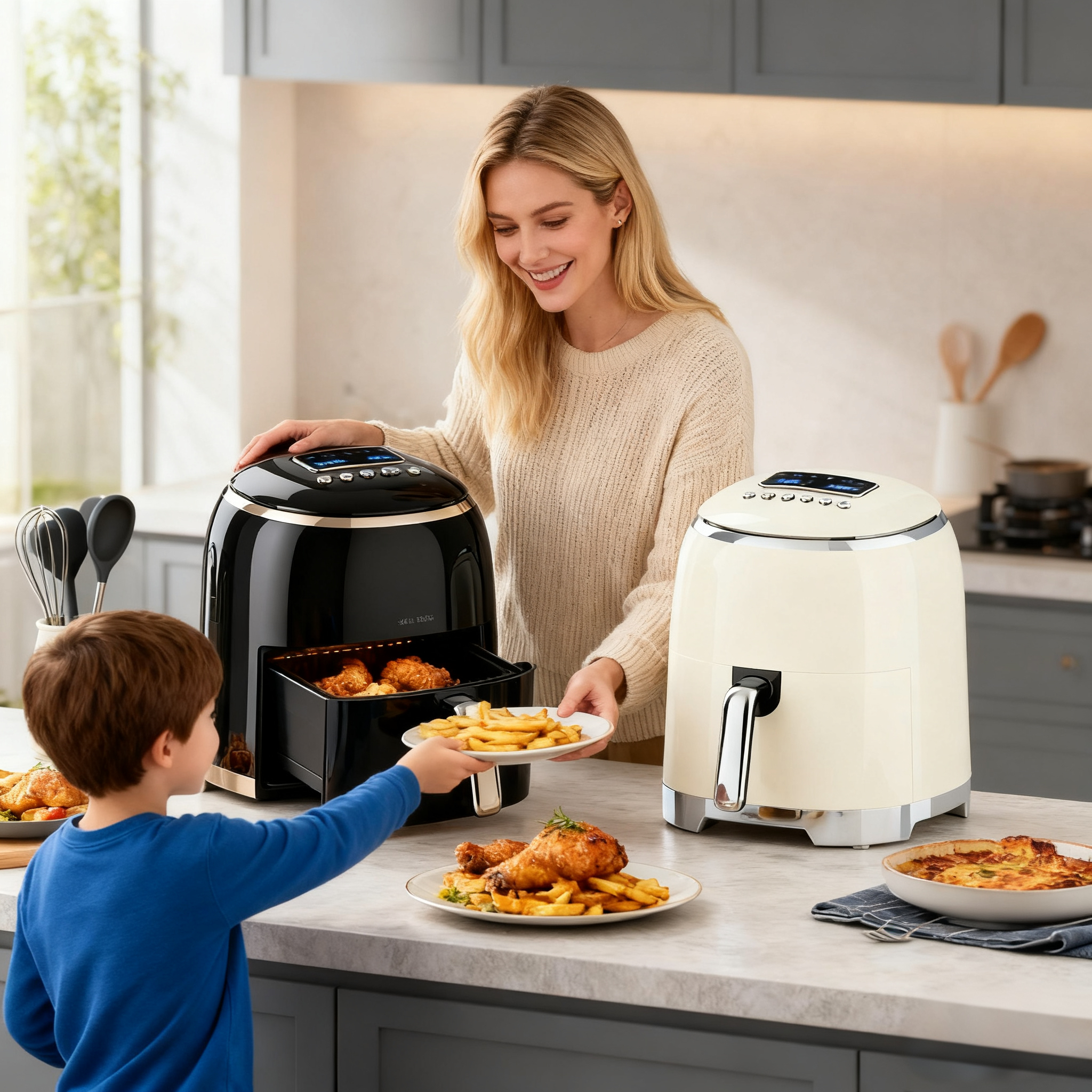 2026 New Eye-Catching Cream Round Digital Air Fryer Healthy Oil-Less Cooking Compact Kitchen Appliance with Sleek Home Design