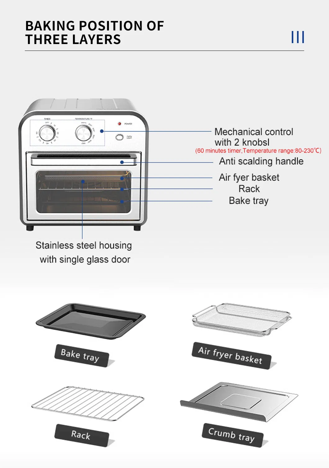 10L Stainless Steel Finish Air Fryer Toaster Oven Air Fryer with Rotisserie