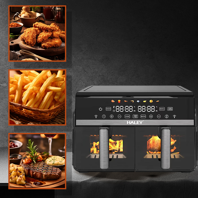 HALEY 14L Dual Basket Air Fryer 2800W 7L+7L Independent Dual Zone Visible Window Touch Screen Sync Match CE GS OEM ODM Custom
