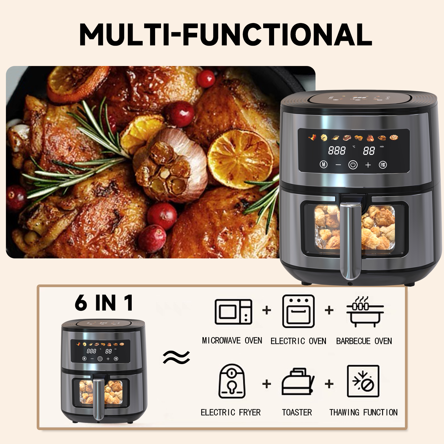 BSCI CB CE LVD EMC 5.5L Large Digital LCD Touch Screen Visual Cooking Window 1700W Smart Air Fryer Detachable Inner Basket