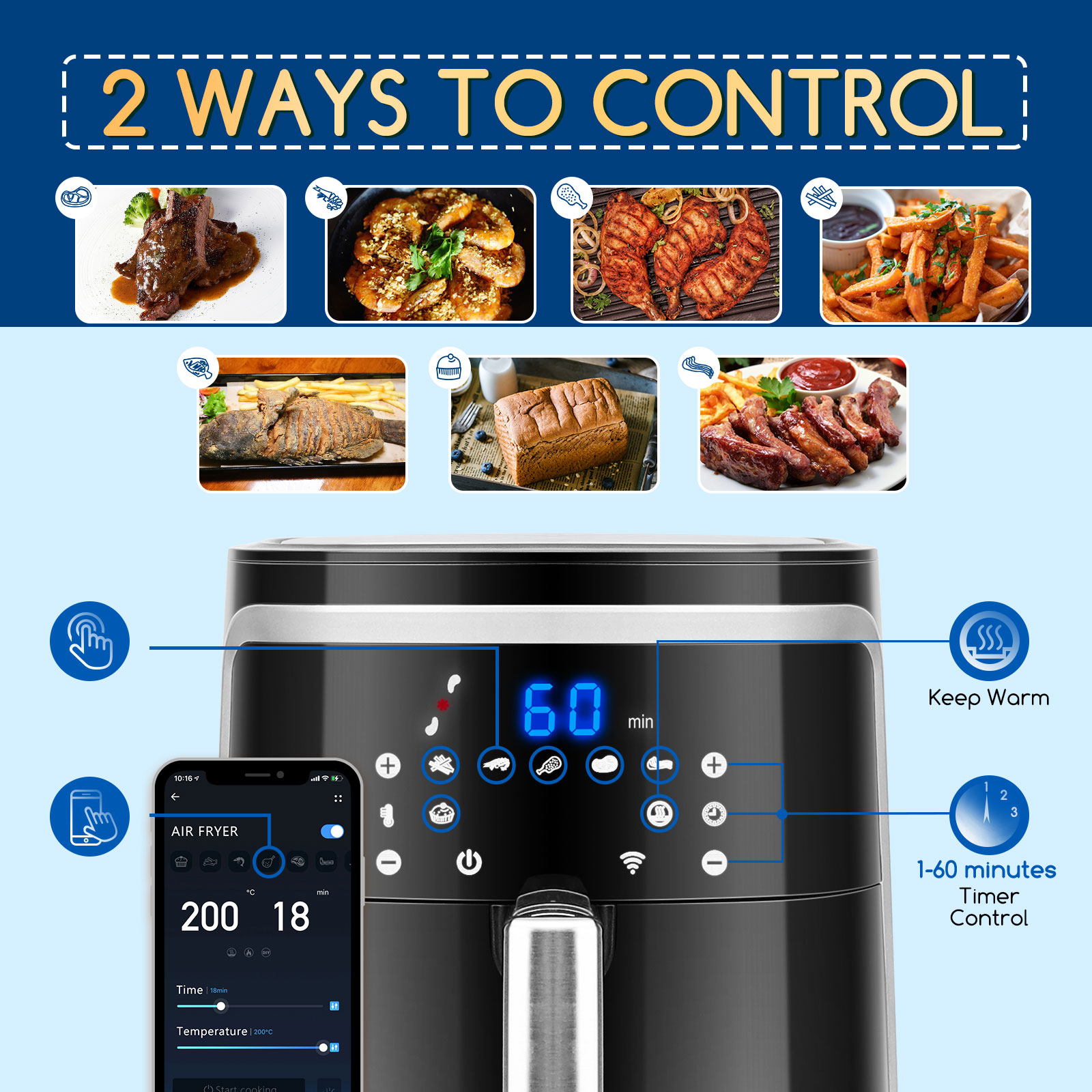 Aigostar 7L Stainless Steel Digital Smart WiFi App-Controlled Air Fryer Dual Basket Touch LED 7 Presets Nonstick Household