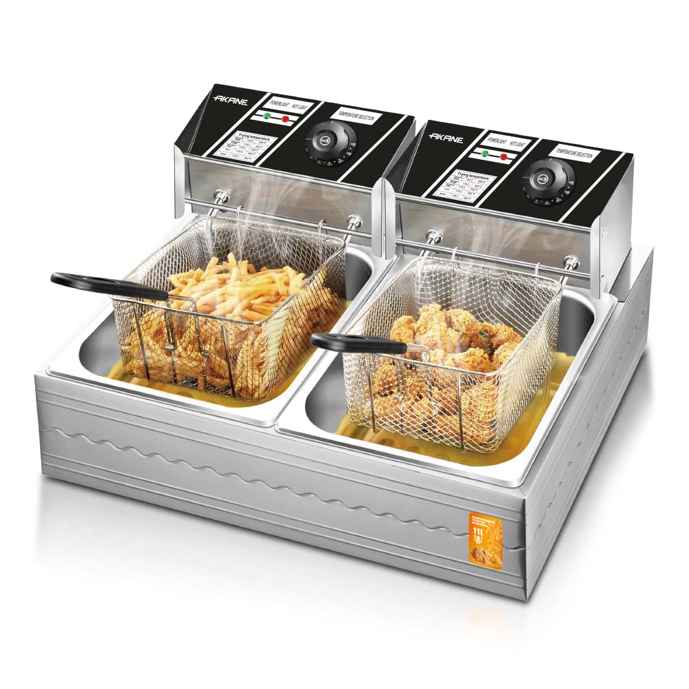 AKANE A.85221 2500W+2500W Double Tank Deep Fryer Freidora Stainless Steel Design Rapid Heating Easy to Clean
