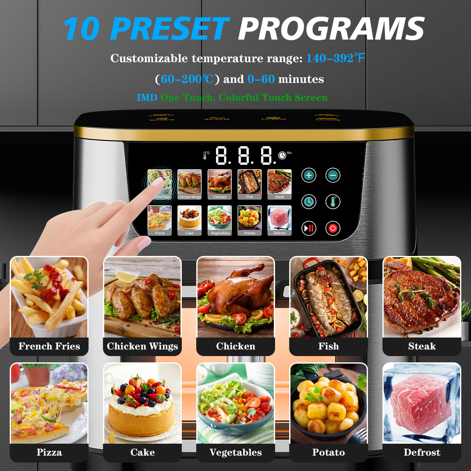 8L 10L Digital Air Fryer Stainless Steel Large Capacity Multicooker Smart Touchscreen Oil Free Fryer for Household Use