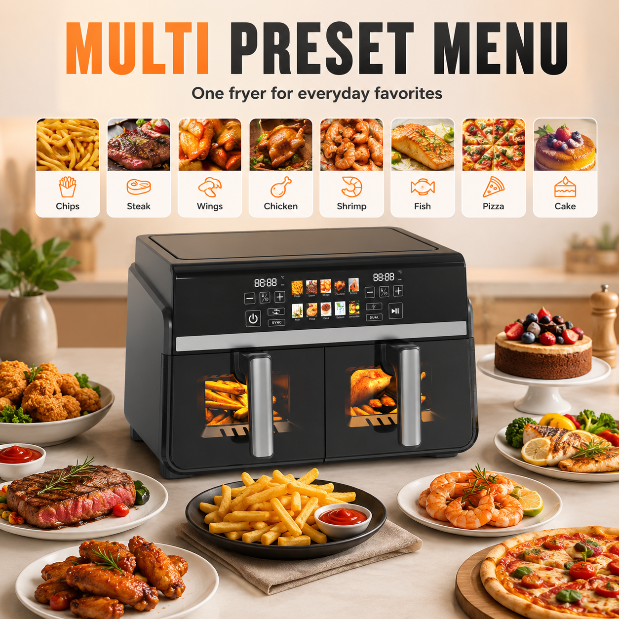 Dual Basket Air Fryer With Visible Window Touch Screen Preset Menu Sync Dual Cooking Function Healthy Oil Free Kitchen Cooking