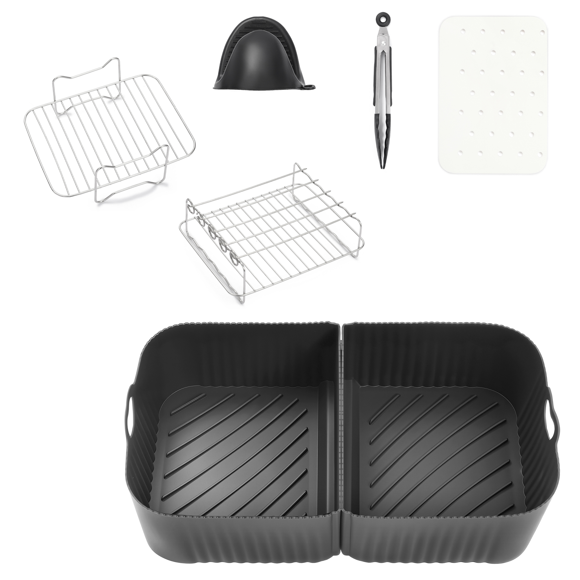Custom Logo Durable Rectangular Double Basket Air Fryer with One Large and One Small Silicone Pot Reusable Bakeware Set