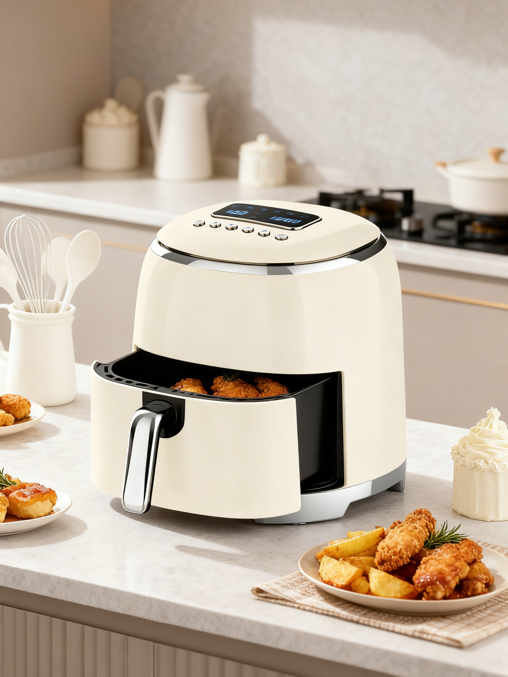 2026 New Eye-Catching Cream Round Digital Air Fryer Healthy Oil-Less Cooking Compact Kitchen Appliance with Sleek Home Design